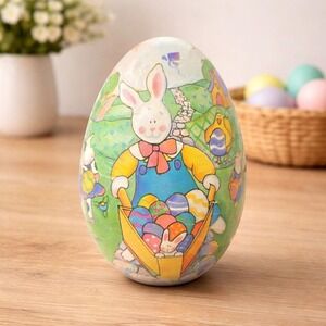 Vintage Paper Mache Egg Rabbit Wheelbarrow Easter Decor